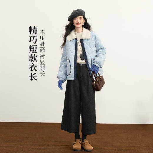 【11/19新品】熙世界牛角扣菱格棉服短款外套女2025冬装新款巴恩风毛绒翻领棉衣 商品图2