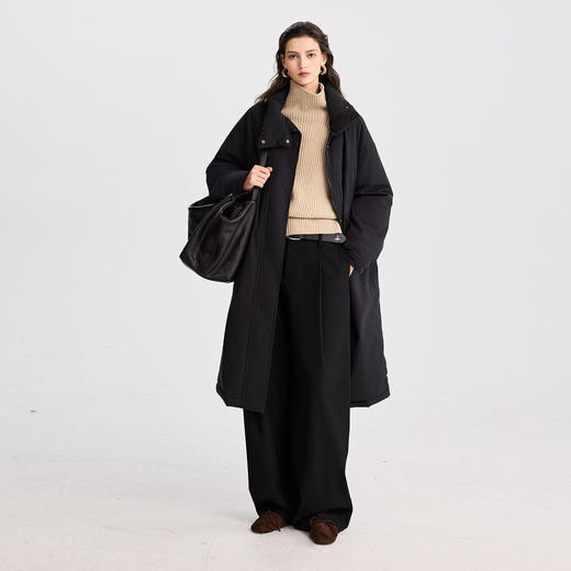 棉仓367615003-【90白鹅绒】立领风衣黑色羽绒服女中长款肌理感无绗线鹅绒服 商品图3