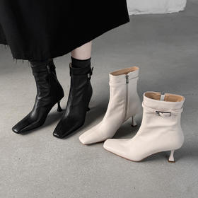【预售5天】新款真皮尖头短靴女细跟气质时尚皮带扣复古风冬季新款高跟靴DQ9686W