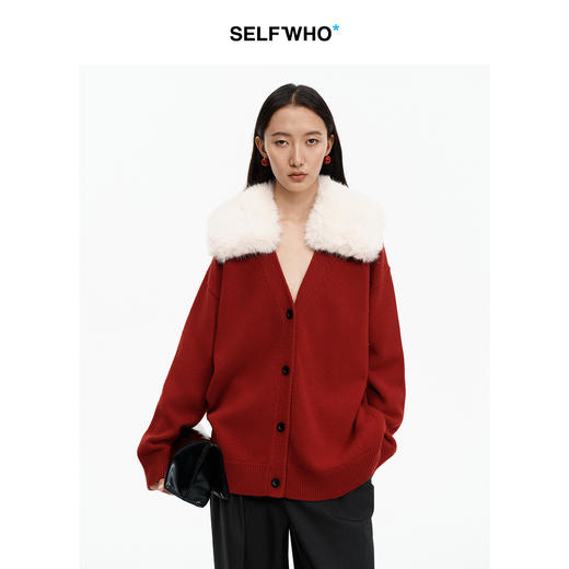 SELFWHO100%绵羊毛V领针织衫女2025冬新款宽松保暖可拆卸毛领毛衣 商品图0