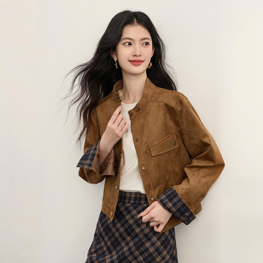 【11/19新品】熙世界高级感仿麂皮绒短外套女小个子立领机车服夹克2025秋冬新款 商品图4