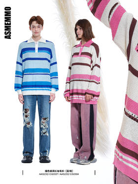 ASMEMMO咦哇•“漫步樱花岛”撞色破洞长袖毛衫