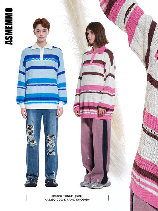 ASMEMMO咦哇•“漫步樱花岛”撞色破洞长袖毛衫 商品图0
