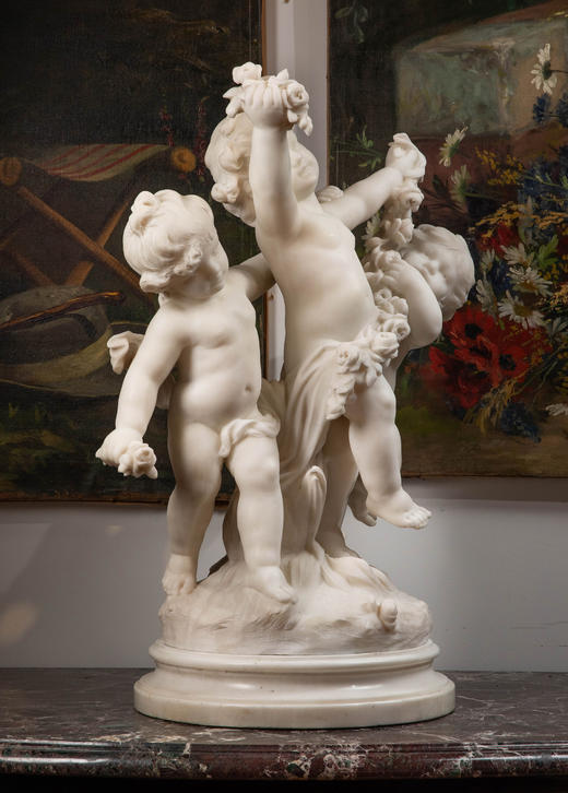 独角鹿西洋古董19世纪末20世纪初法国雕塑家Hippolyte Moreau签名创作小天使主题大理石雕塑 商品图2