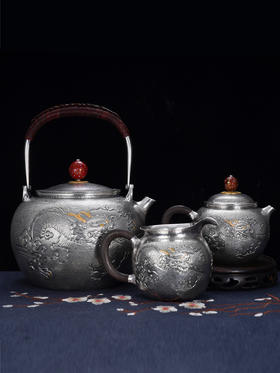子佩集S990【蛟龙得水】提梁壶小茶壶公道杯摆件套装【MH007】【MH008】【MH009】纯银茶具原创作品2502