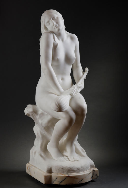 独角鹿西洋古董19世纪末20世纪初法国雕塑家Laurent-Honoré Marqueste签名创作人物主题卡拉拉大理石雕塑作品《蝉之女神》 商品图1