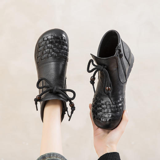 复古手工编织中老年平跟牛筋防滑，保暖短靴女牛皮妈妈棉鞋MLD-85236 商品图2