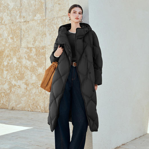 棉仓367615004-【90白鹅绒】菱形格廓型连帽羽绒服女25秋冬过膝中长款外套 商品图2