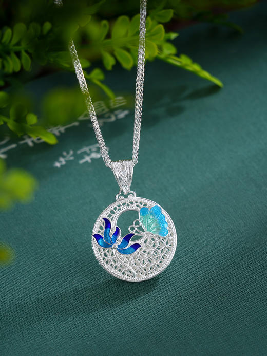 子佩集S990银【花蝶之恋】套链【MXTL032】纯银花丝珐琅彩项链2507 商品图0