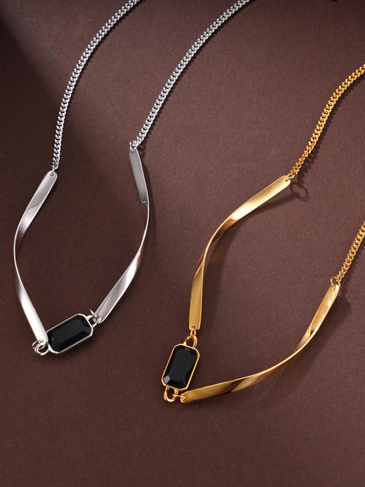 子佩集S925银【相生相伴】项链纯银【AE00079】原创2方块镀金黑玛瑙2501 商品图6