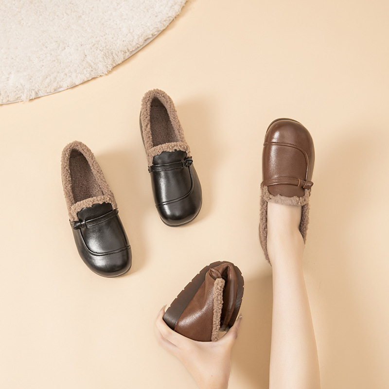 软底毛毛鞋平底休闲，加绒保暖小皮鞋牛筋中老年妈妈棉鞋MLD- 5997
