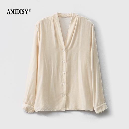 2026春优雅气质V领长袖单排扣真丝丝绒衬衫 商品图0