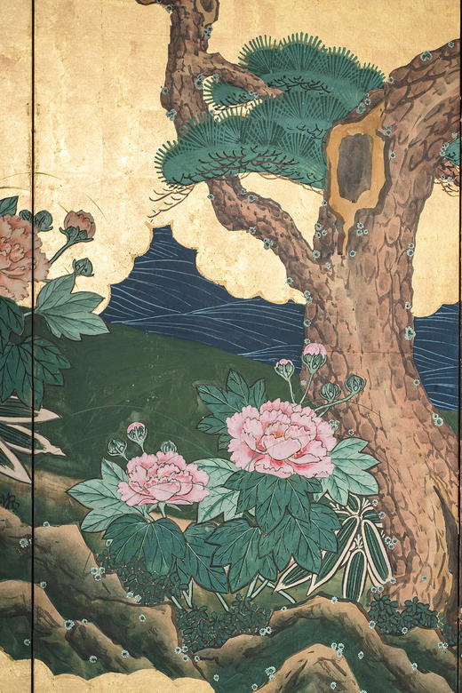 【已售】独角鹿西洋古董1920年代日本昭和时期出品「鸳戏河畔」主题金地岩彩纸本设色六曲屏风 商品图6