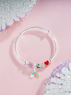 子佩集S999银【七彩童年】童镯【ZZSZ002】纯银爱心粉花彩虹星星2504