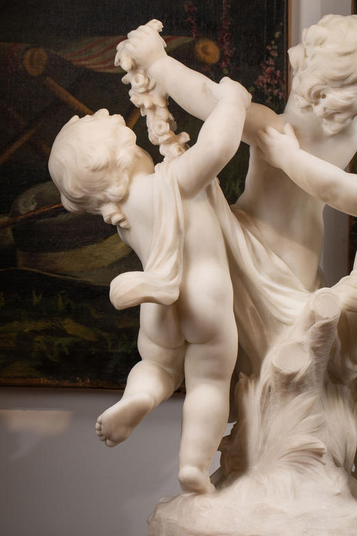 独角鹿西洋古董19世纪末20世纪初法国雕塑家Hippolyte Moreau签名创作小天使主题大理石雕塑 商品图7