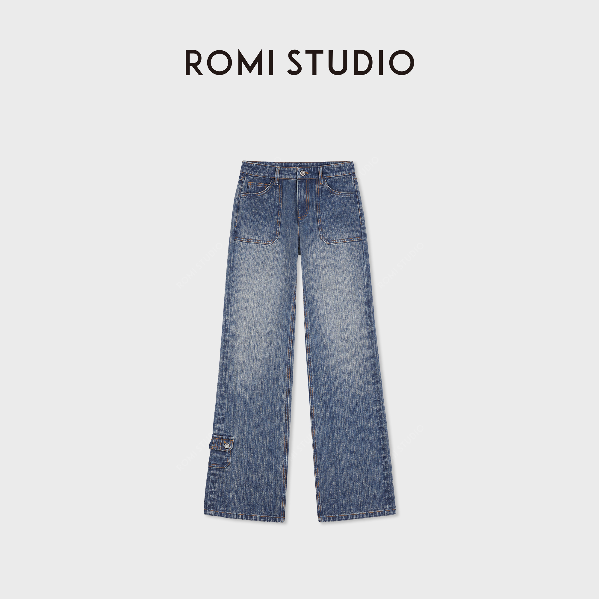 ROMI STUDIO“复古格调”棉质渐变洗水无弹中腰阔腿微喇牛仔裤RWCAX86965