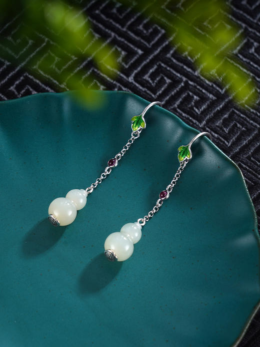 子佩集S925银【葫芦翠影】耳环【ES00614】纯银和田玉珐琅彩2504 商品图0