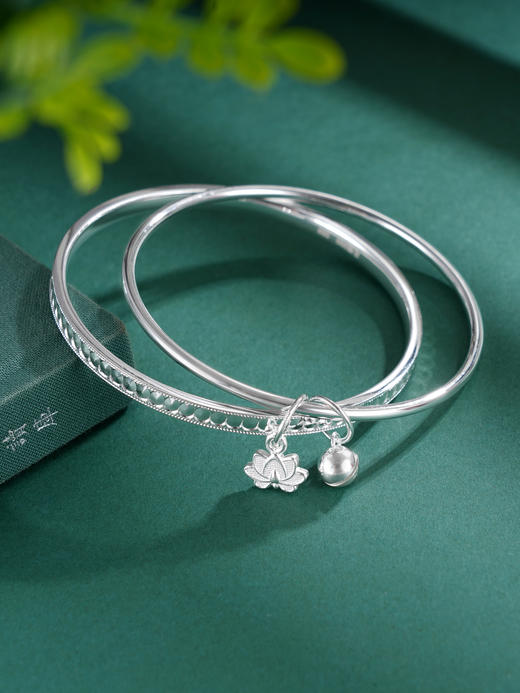 子佩集S999银【好运莲莲】手镯【XXSZ007】纯银两个圈莲花铃铛2505 商品图0