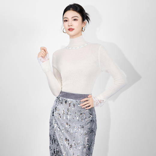 「高货wl」全新升级【铂金会员192/天猫259/差价67】(03617)洛诗琳气质烫钻针织衫2025秋冬女人味蕾丝拼接袖打底上衣 商品图3