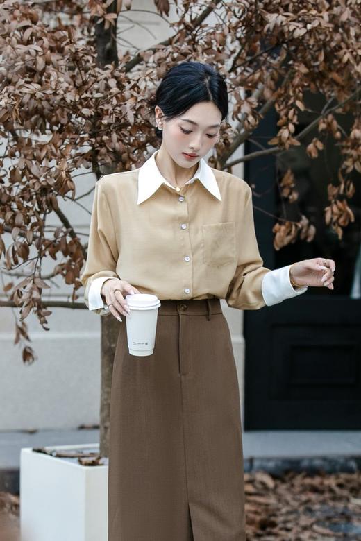 ESTELLICA 气质翻领拼接撞色长袖衬衫 21486 商品图1