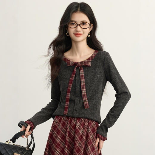 【11/19新品】熙世界MIU系学院风套装女秋冬新款蝴蝶结针织衫格纹半身裙两件套 商品图3