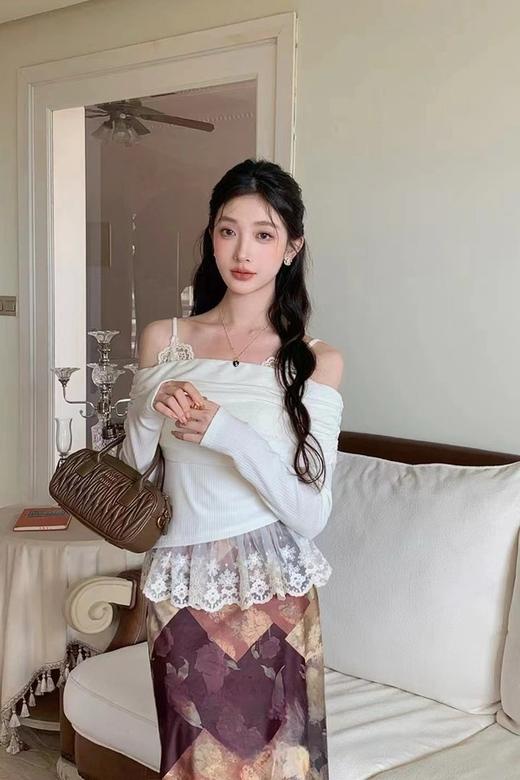 ANSUABEL 纯欲风性感吊带+荷叶边一字肩上衣两件套 21494 商品图4