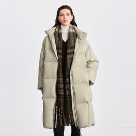 棉仓366615021-【90白鹅绒】褶皱肌理感连帽羽绒服女25秋冬中长款过膝外套