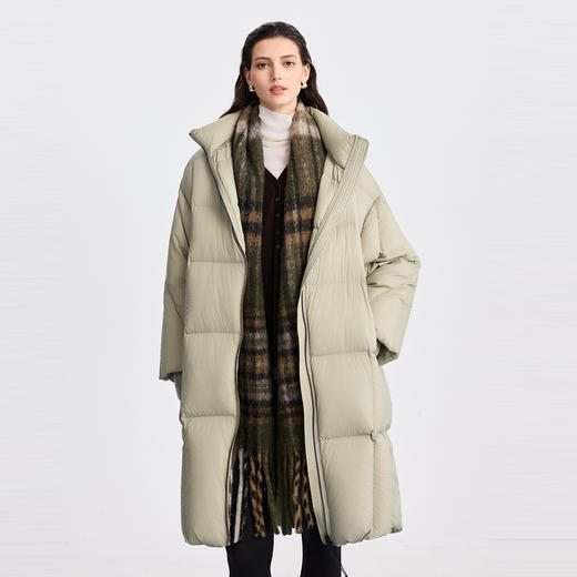 棉仓366615021-【90白鹅绒】褶皱肌理感连帽羽绒服女25秋冬中长款过膝外套 商品图0