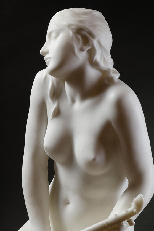 独角鹿西洋古董19世纪末20世纪初法国雕塑家Laurent-Honoré Marqueste签名创作人物主题卡拉拉大理石雕塑作品《蝉之女神》 商品图7