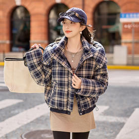 韩版格子连帽短款羽绒服，加厚保暖通勤白鸭绒外套HR-YJLY86822