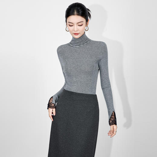 「高货wl」全新升级【铂金会员192/天猫259/差价67】(03617)洛诗琳气质烫钻针织衫2025秋冬女人味蕾丝拼接袖打底上衣 商品图2