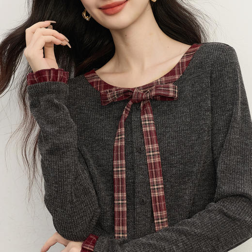 【11/19新品】熙世界MIU系学院风套装女秋冬新款蝴蝶结针织衫格纹半身裙两件套 商品图4