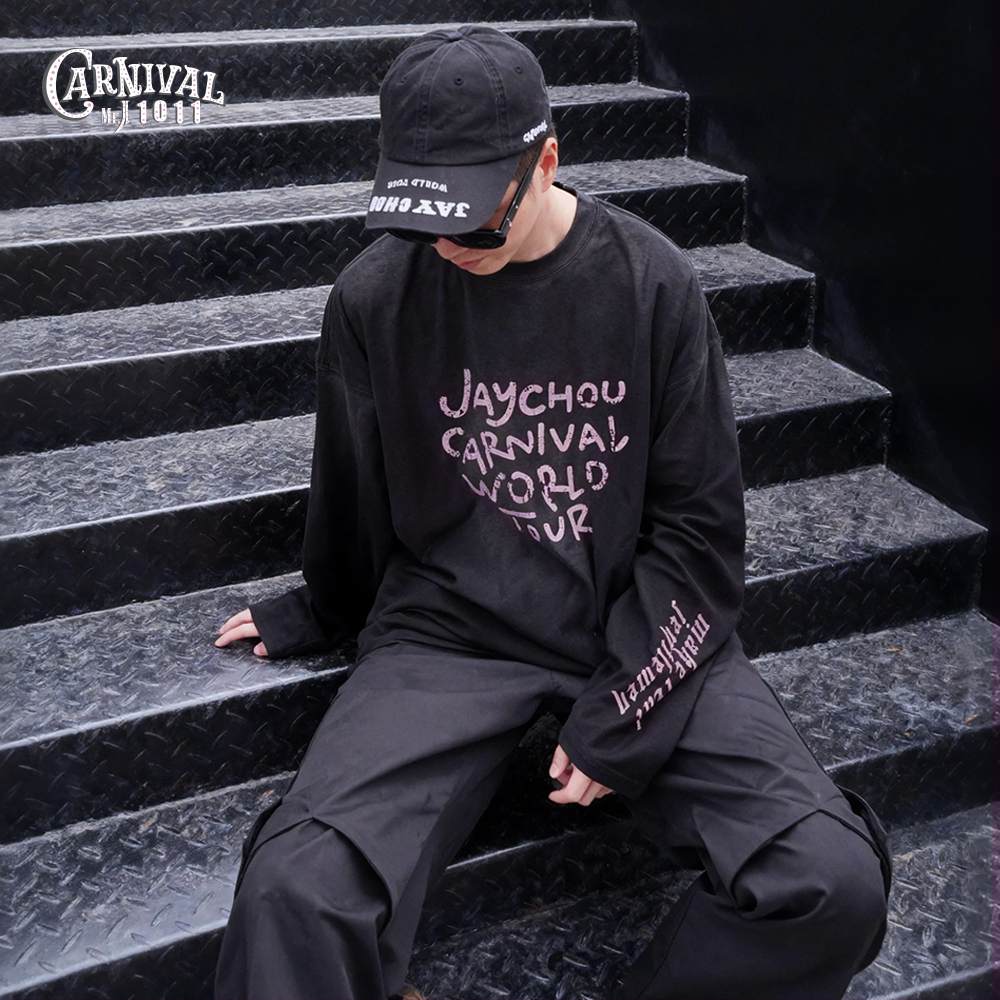 周杰伦MRJ嘉年华1011美式复古黑色长袖T恤宽松版型