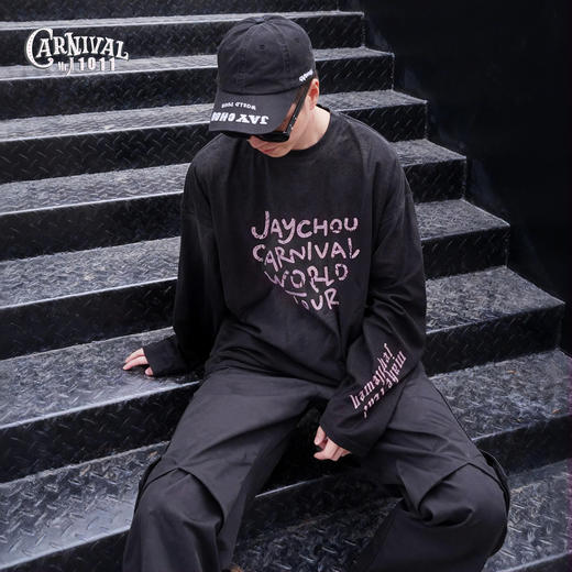 周杰伦MRJ嘉年华1011美式复古黑色长袖T恤宽松版型 商品图0