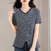 休闲短袖t恤女士宽松大码显瘦V领上衣春夏季2025年新款条纹打底衫 商品缩略图0