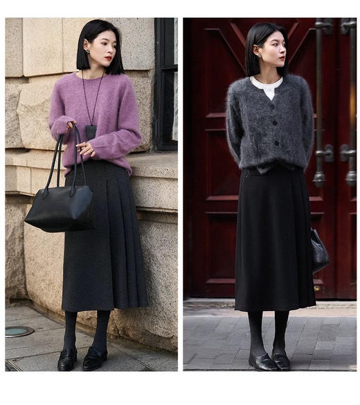 【蚕丝羊毛半身裙】A字版型 侧边立体褶皱设计 miu系设计感半身裙 商品图1