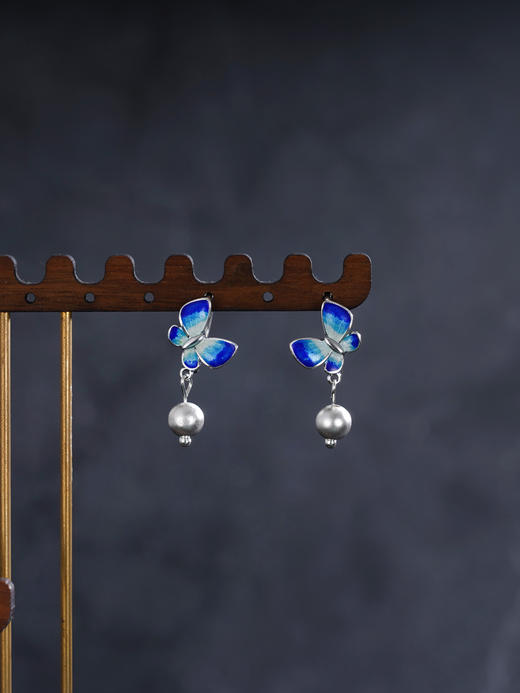 子佩集S990银【蓝蝶之恋】耳环纯银【ES00910】珐琅彩蝴蝶扣环耳圈2501 商品图0