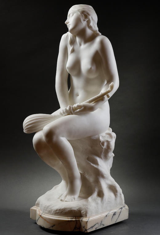 独角鹿西洋古董19世纪末20世纪初法国雕塑家Laurent-Honoré Marqueste签名创作人物主题卡拉拉大理石雕塑作品《蝉之女神》 商品图2