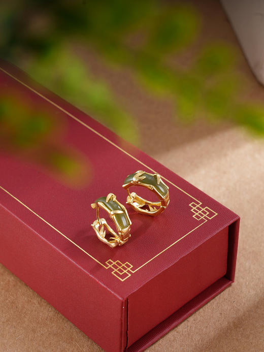 子佩集S925银【圆满竹福】耳环【EJ00461】纯银古法银扣环圆圈镀金青玉2507 商品图6