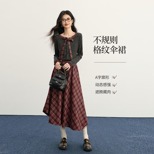 【11/19新品】熙世界MIU系学院风套装女秋冬新款蝴蝶结针织衫格纹半身裙两件套 商品图2