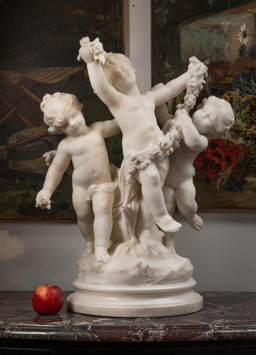 独角鹿西洋古董19世纪末20世纪初法国雕塑家Hippolyte Moreau签名创作小天使主题大理石雕塑 商品图1