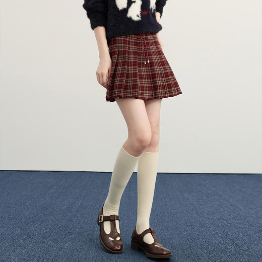 【11/19新品】熙世界复古学院风红格纹百褶短裙女士高腰显瘦a字半身裙2025秋冬 商品图4
