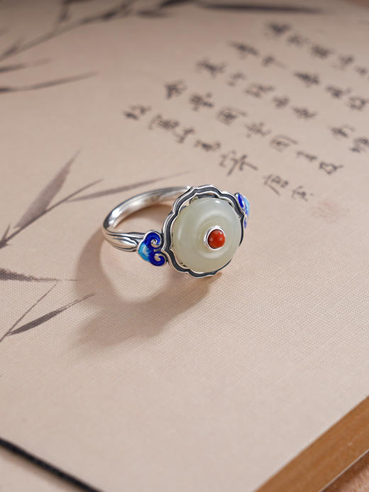 子佩集S925银【祥云相望】戒指【JZ01261】纯银和田玉珐琅彩平安扣2504 商品图0