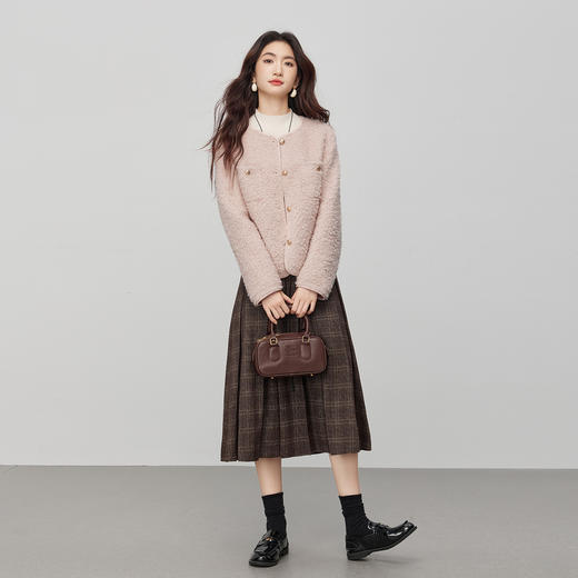 【11/19新品】熙世界仿皮草粉色小香风短外套女冬季气质名媛圆领圈圈呢毛绒上衣 商品图2