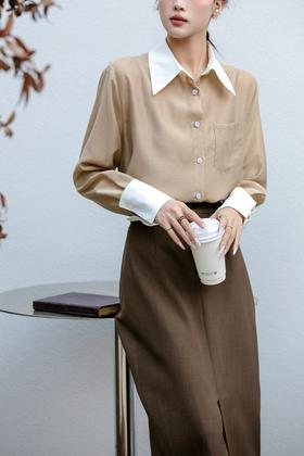 ESTELLICA 气质翻领拼接撞色长袖衬衫 21486