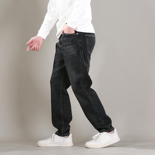 DRONKOO 2025 正常腰表袋右后袋三角形绣花一体绒咖底厚牛仔长裤 商品图1