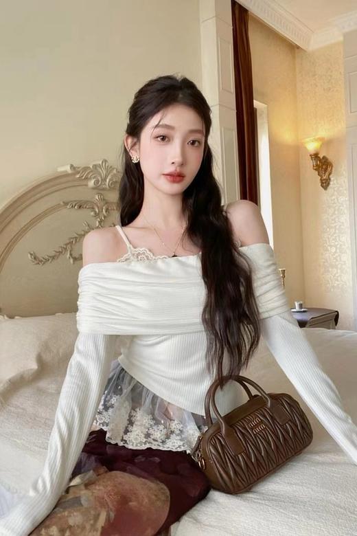 ANSUABEL 纯欲风性感吊带+荷叶边一字肩上衣两件套 21494 商品图1