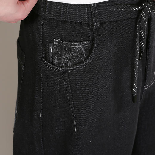 DRONKOO 2025 抽绳半松紧腰表袋右后袋拼花布底磨毛普洗厚牛仔长裤 商品图4