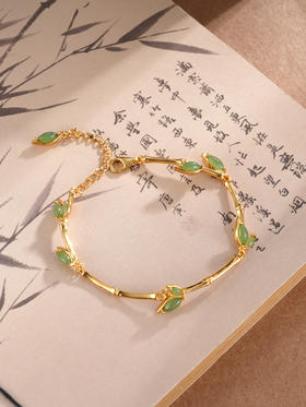 子佩集S925银【竹韵拾光】手链【WSE2312】纯银和田碧玉镀金竹叶2504