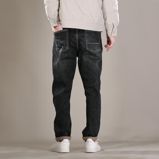 DRONKOO 2025 正常腰左袋右后袋白棕绣线一体绒浅咖底厚牛仔长裤 商品图4